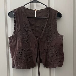 Free People Dark Brown Embroidered Crop Top